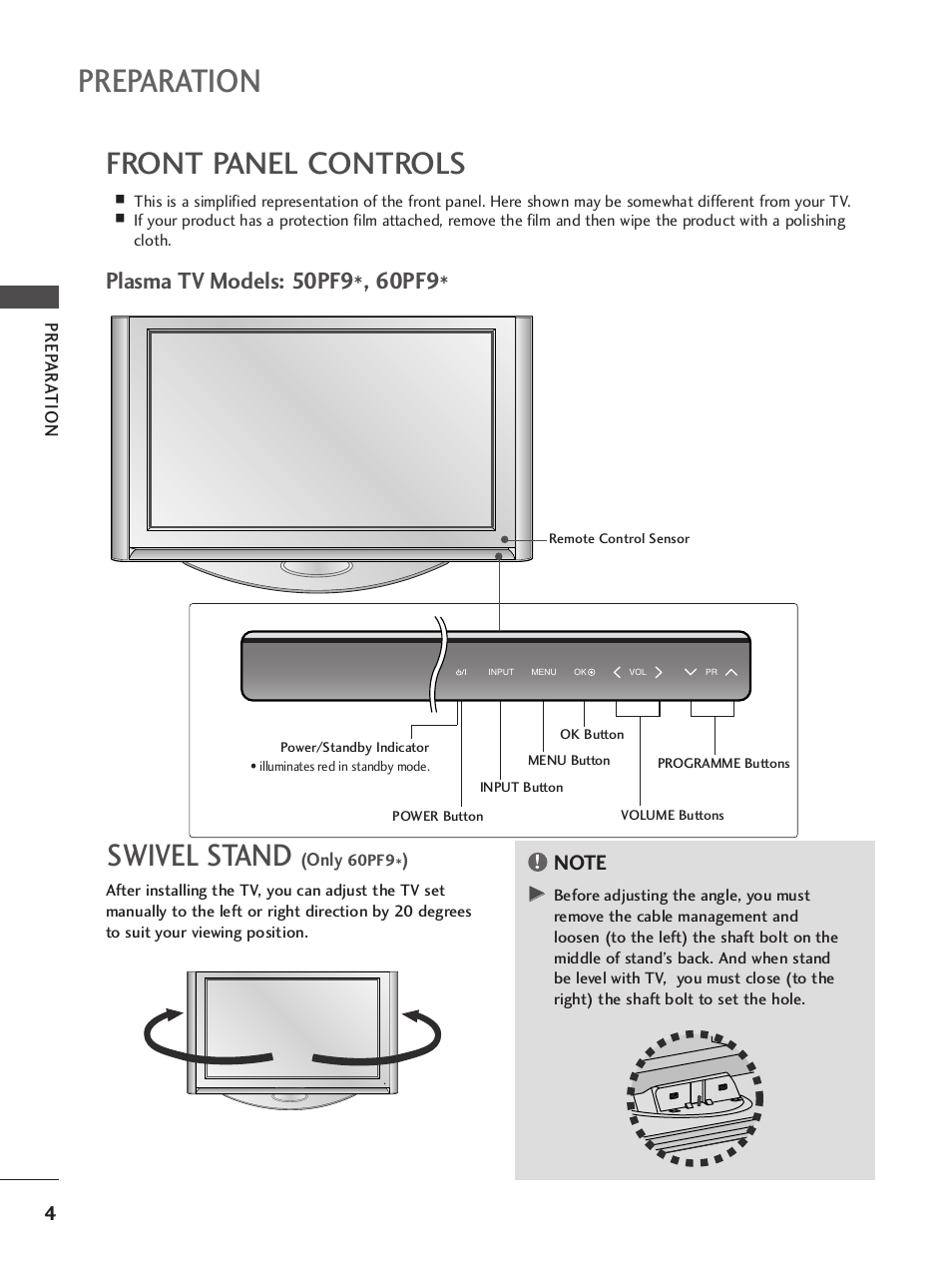 Preparation, Front panel controls, Swivel stand | Prep ar a tion, Only | LG 37LY95 User Manual | Page 6 / 112