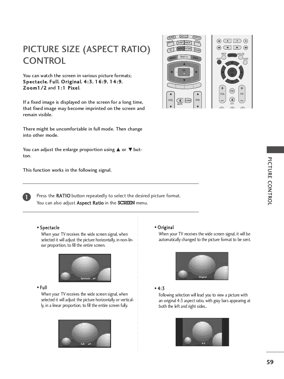 Picture size (aspect ratio)control, Picture size (aspect ratio) control, Picture contr ol | LG 37LY95 User Manual | Page 61 / 112
