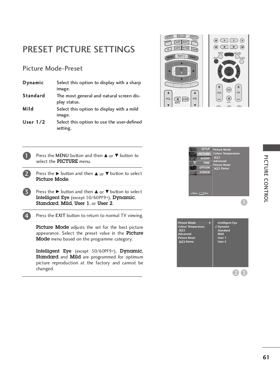 Preset picture settings, Picture mode-preset, Picture contr ol 3 2 | LG 37LY95 User Manual | Page 63 / 112