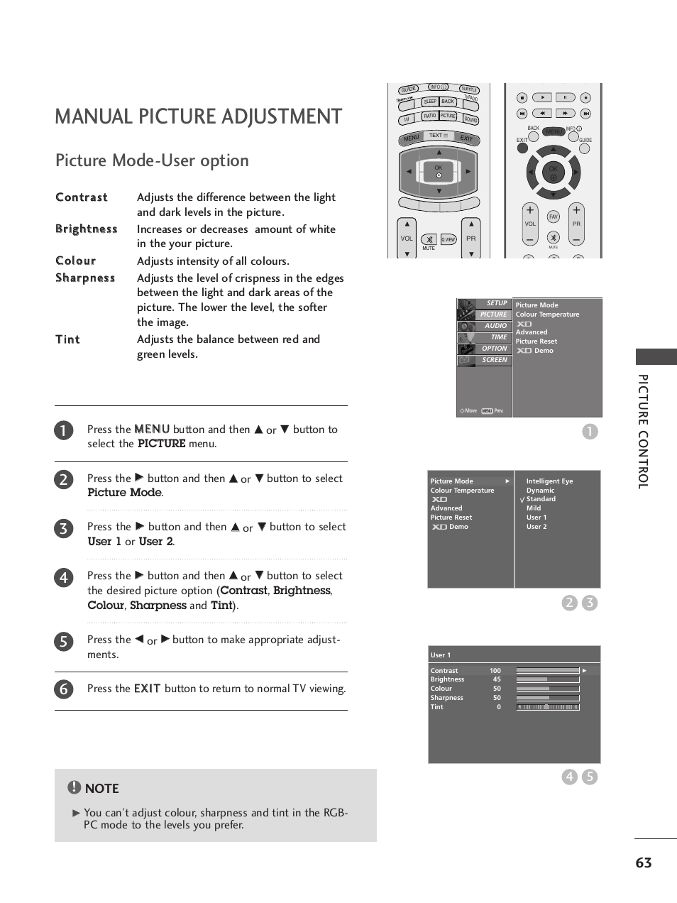 Manual picture adjustment, Picture mode-user option, Picture contr ol | LG 37LY95 User Manual | Page 65 / 112