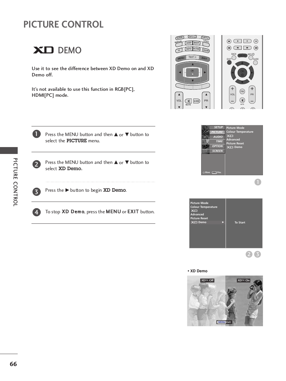 Xd demo, Picture control, Demo | Picture contr ol, Button to select xd demo. press the | LG 37LY95 User Manual | Page 68 / 112