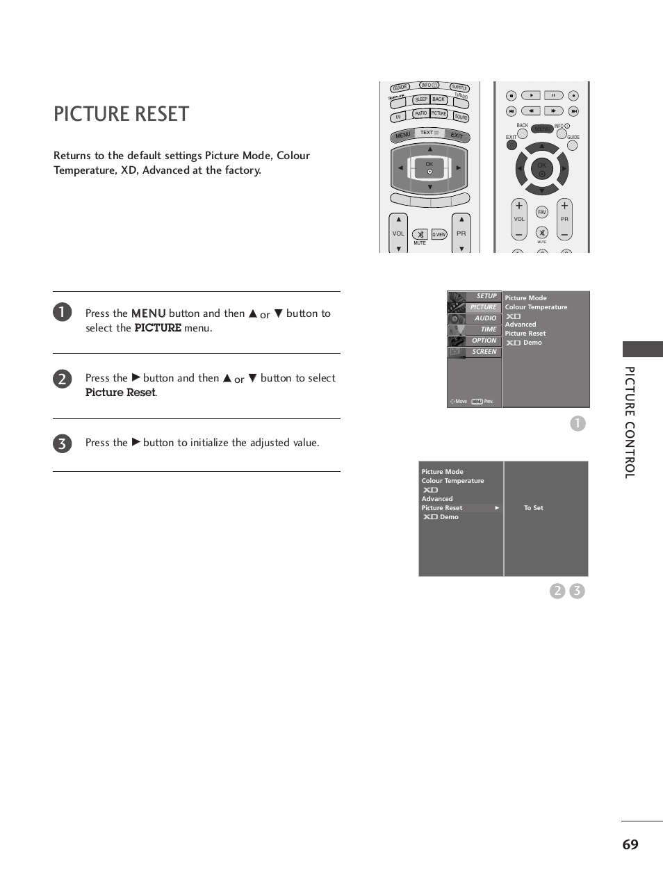 Picture reset, Picture contr ol, Press the m me en nu u button and then | Button to select the picture menu. press the, Button and then, Button to select picture reset . press the | LG 37LY95 User Manual | Page 71 / 112