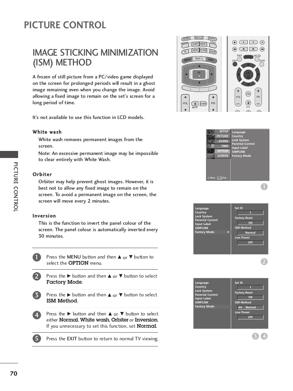 Image sticking minimization(ism) method, Picture control, Image sticking minimization (ism) method | Picture contr ol, Button to select the option menu. press the, Button and then, Button to select factory mode . press the, Button to select ism method . press the | LG 37LY95 User Manual | Page 72 / 112