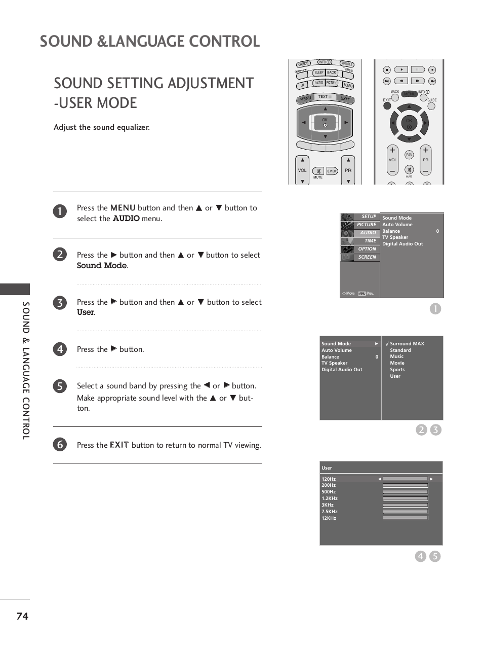 Sound setting adjustment-user mode, Sound &language control, Sound setting adjustment -user mode | Sound & langu a ge contr ol, Press the m me en nu u button and then, Button to select the audio menu. press the, Button and then, Button to select sound mode . press the, Button to select user . press the, Button. select a sound band by pressing the | LG 37LY95 User Manual | Page 76 / 112