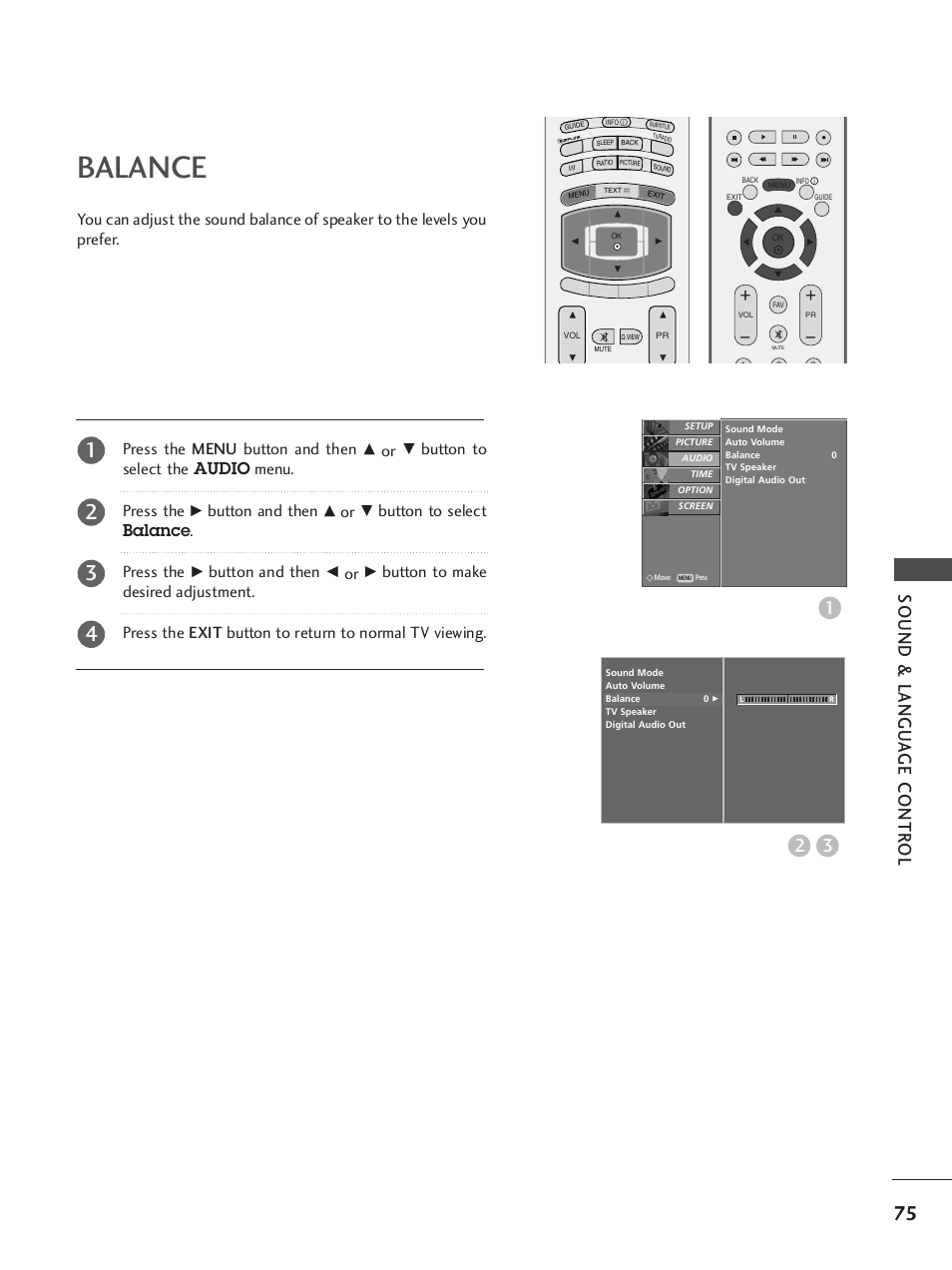Balance, Sound & langu a ge contr ol 3 2, Press the menu button and then | Button to select the audio menu. press the, Button and then, Button to select balance . press the | LG 37LY95 User Manual | Page 77 / 112