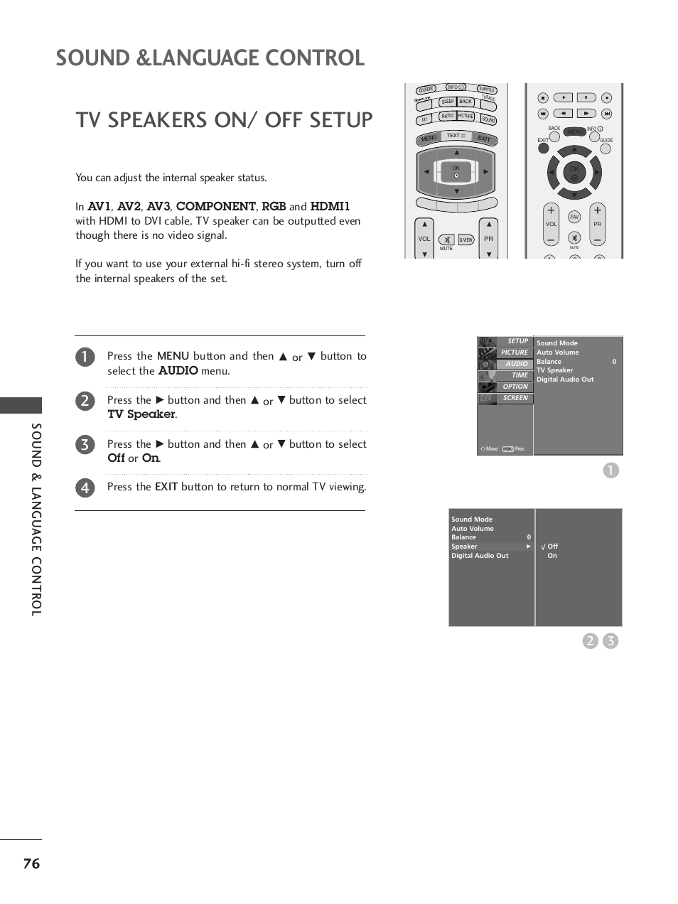 Tv speakers on/ off setup, Sound &language control, Sound & langu a ge contr ol | Press the menu button and then, Button to select the audio menu. press the, Button and then, Button to select, Press the | LG 37LY95 User Manual | Page 78 / 112