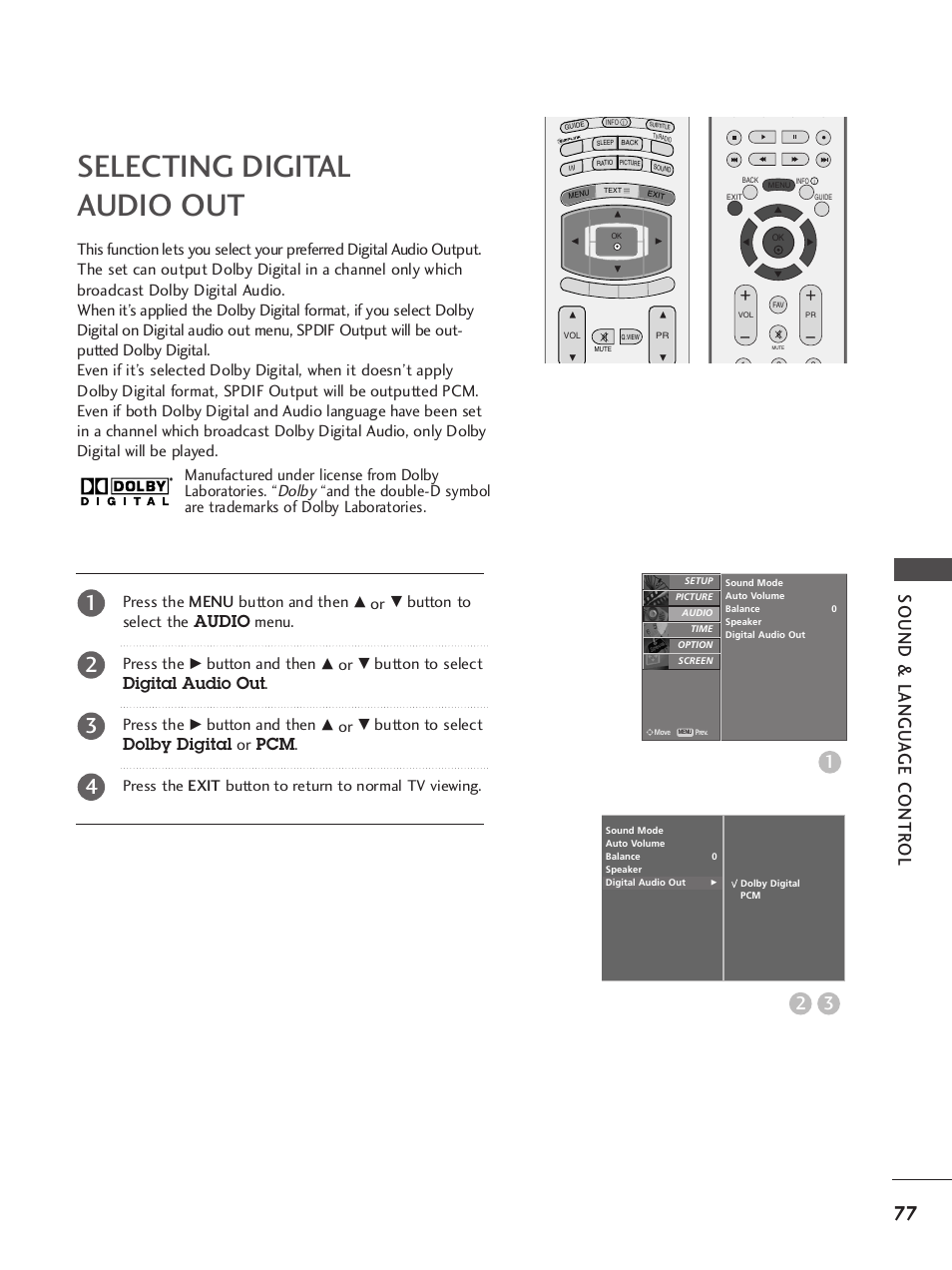 Selecting digitalaudio out, Selecting digital audio out, Sound & langu a ge contr ol 3 2 | Dolby, Press the menu button and then, Button to select the audio menu. press the, Button and then, Button to select digital audio out . press the, Button to select dolby digital or pcm, Manufactured under license from dolby laboratories | LG 37LY95 User Manual | Page 79 / 112