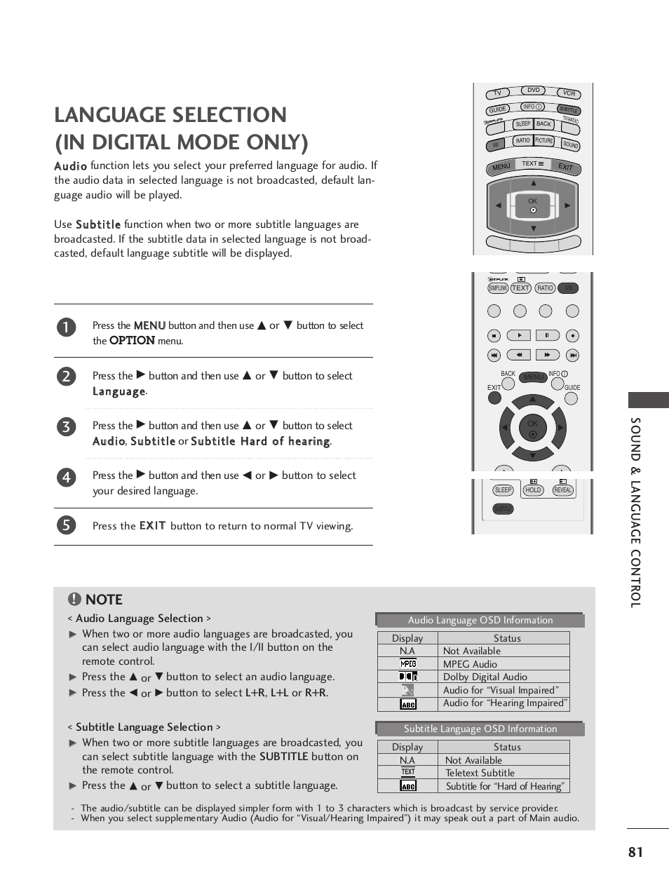 Language selection(in digital mode only), Language selection (in digital mode only), Sound & langu a ge contr ol | LG 37LY95 User Manual | Page 83 / 112