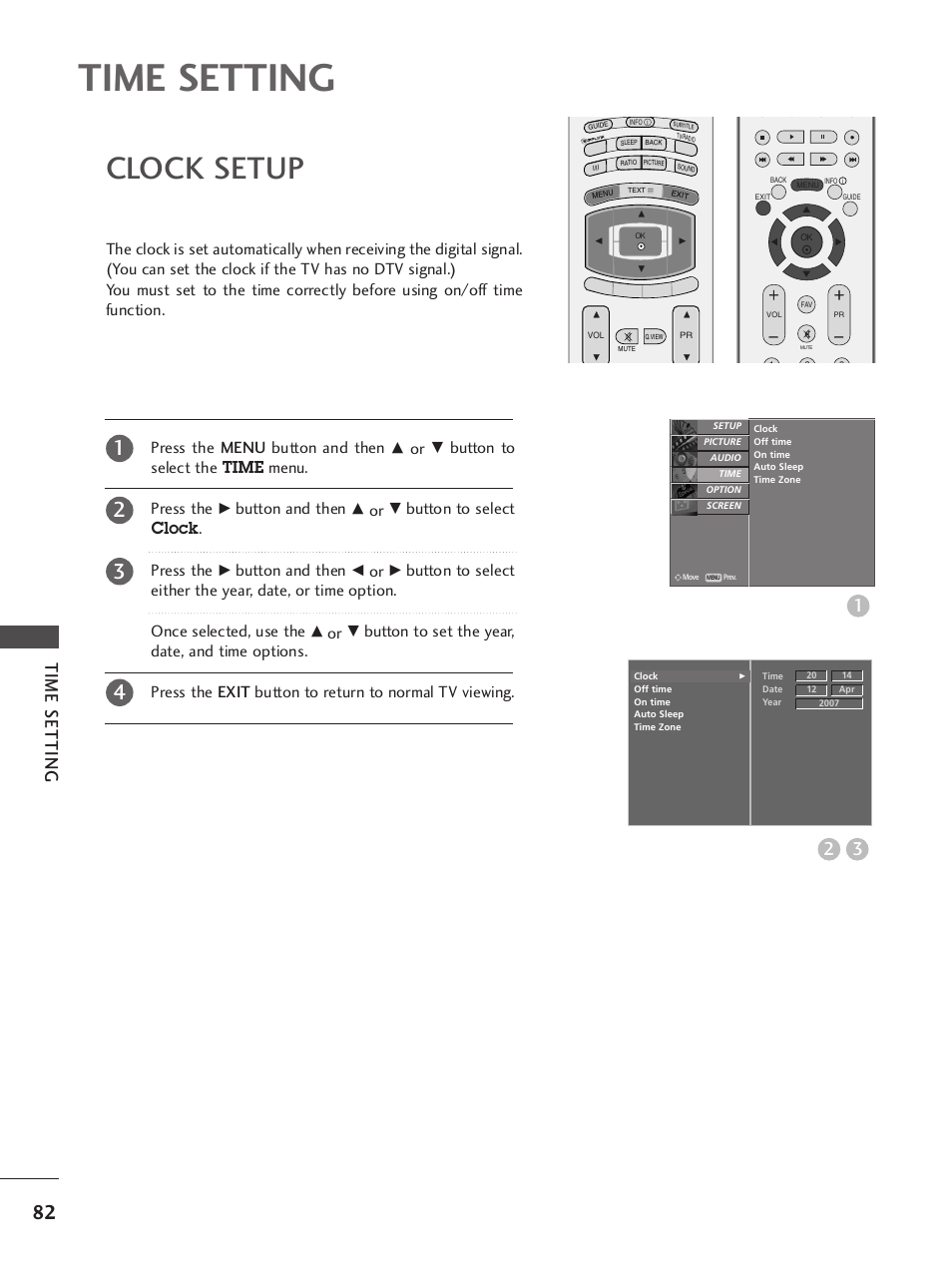 Time setting, Clock setup, Press the menu button and then | Button to select the time menu. press the, Button and then, Button to select clock . press the | LG 37LY95 User Manual | Page 84 / 112