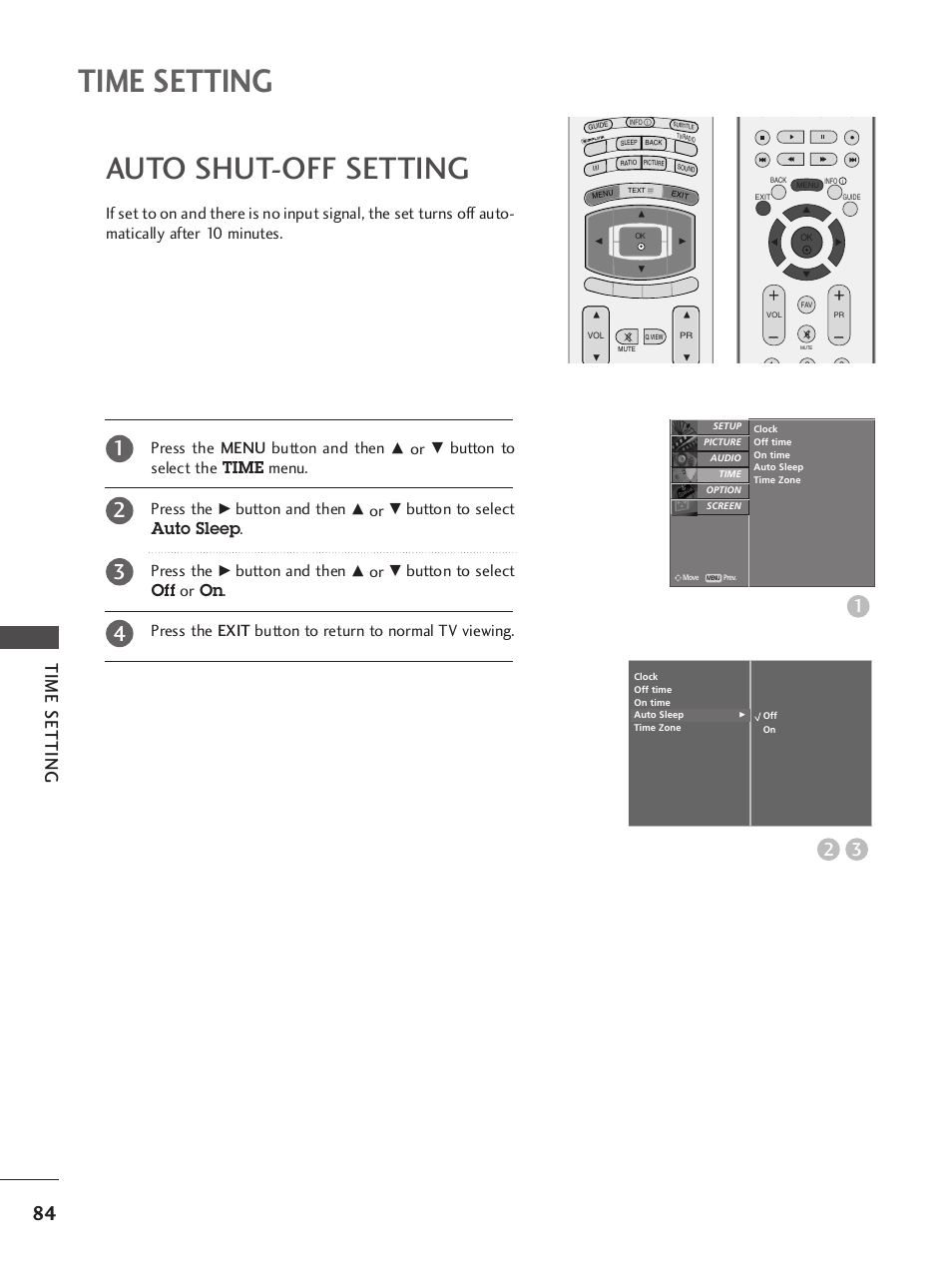 Auto shut-off setting, Time setting, 32 time setting | Button to select the time menu. press the, Button and then, Button to select auto sleep . press the | LG 37LY95 User Manual | Page 86 / 112