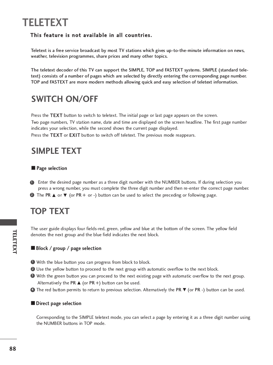 Teletext, Switch on/off, Simple text | Top text | LG 37LY95 User Manual | Page 90 / 112