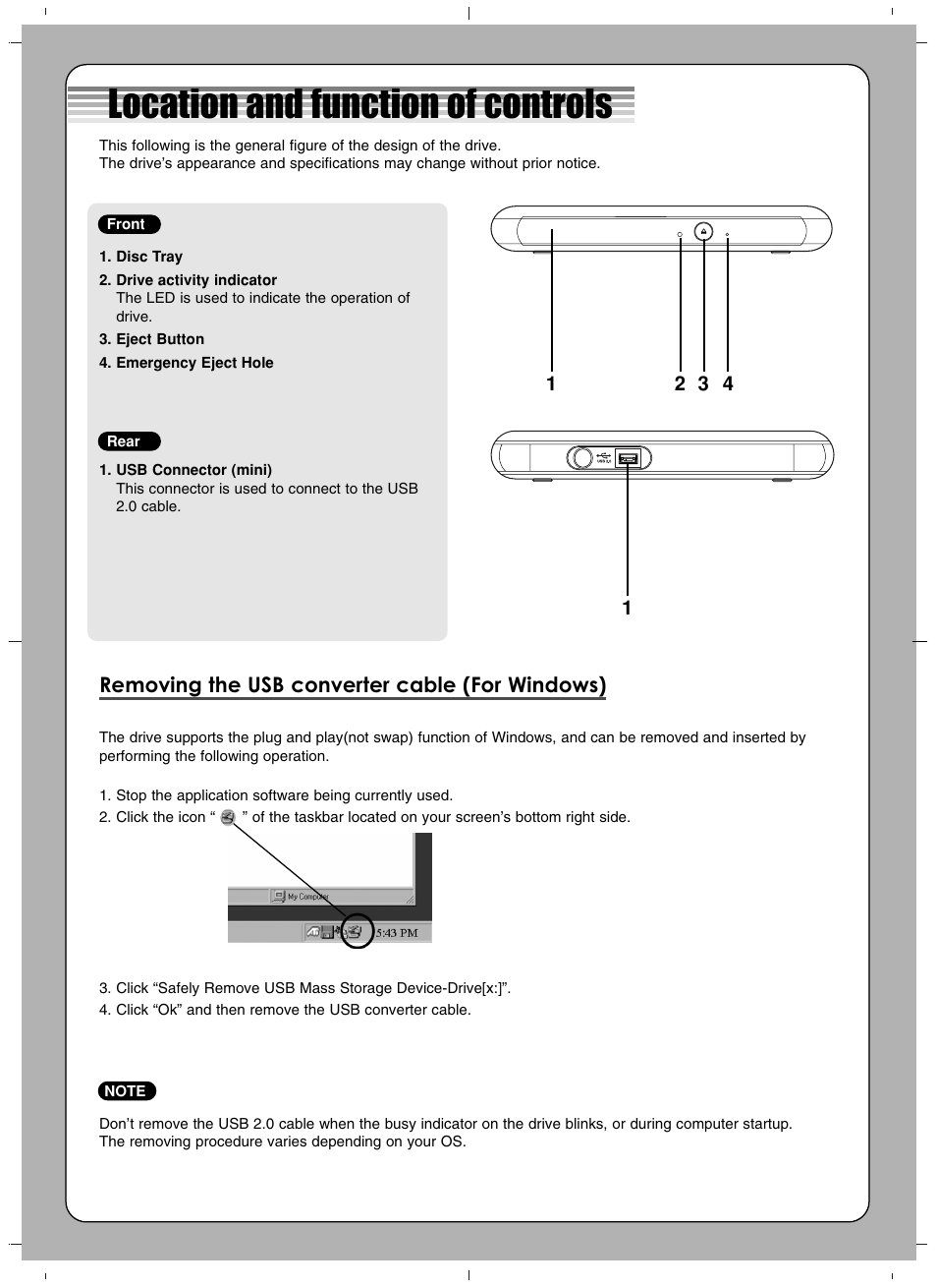 Location and function of controls, Removing the usb converter cable (for windows) | LG GP08LU30 User Manual | Page 2 / 4