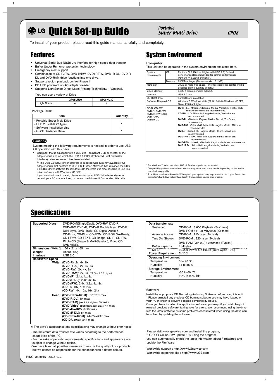 Quick set-up guide, Features, System environment | Specifications, Super multi drive | LG GP08LU30 User Manual | Page 3 / 4