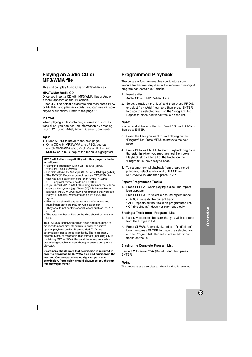 Playing an audio cd or mp3/wma file, Programmed playback, Operation | LG HT762PZ User Manual | Page 17 / 28