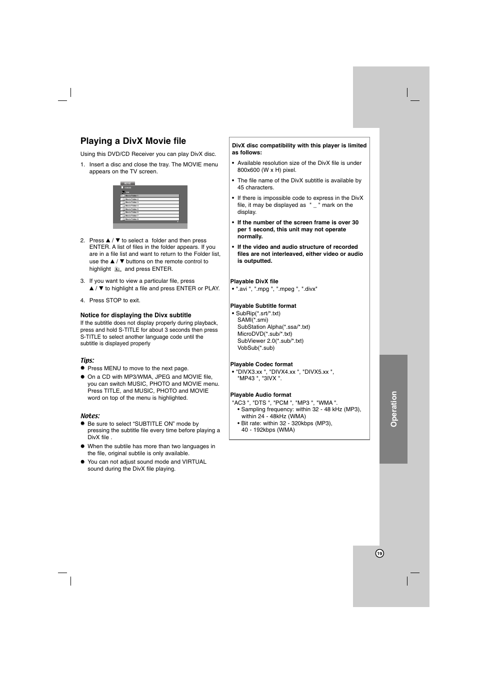 Playing a divx movie file, Operation | LG HT762PZ User Manual | Page 19 / 28