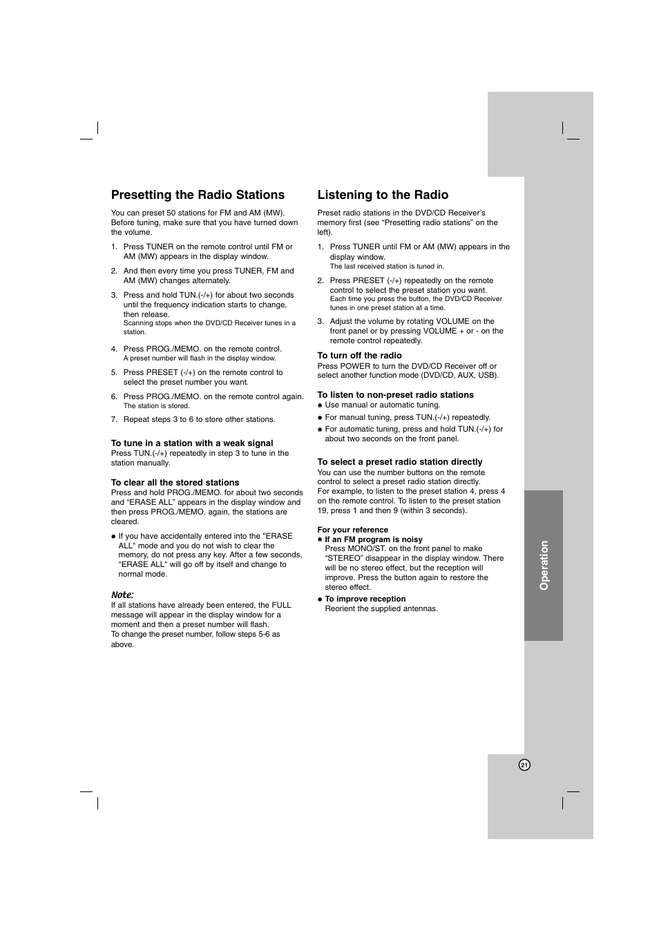 Presetting the radio stations, Listening to the radio, Operation | LG HT762PZ User Manual | Page 21 / 28