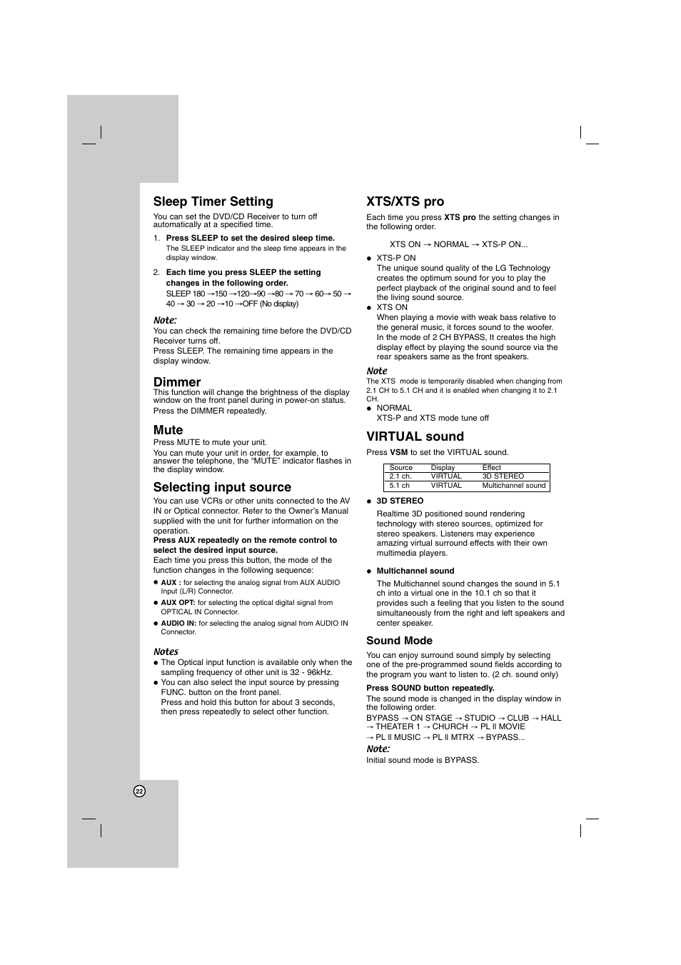 Sleep timer setting, Dimmer, Mute | Selecting input source, Xts/xts pro, Virtual sound, Sound mode | LG HT762PZ User Manual | Page 22 / 28