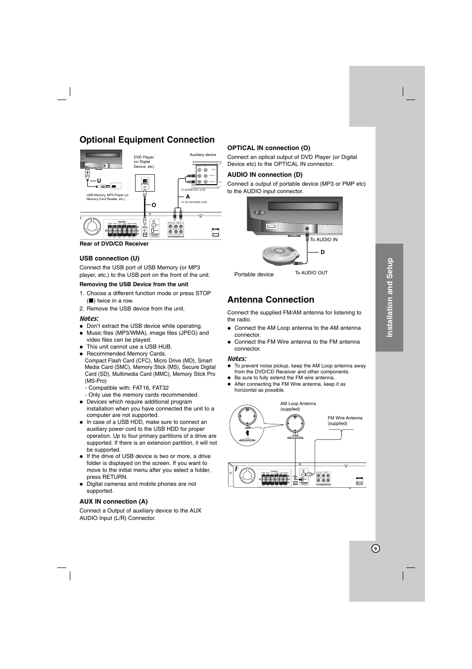 Optional equipment connection, Antenna connection, Installation and setup | Hdmi out, L - aux - r, Usb connection (u), Aux in connection (a), Optical in connection (o), Audio in connection (d) | LG HT762PZ User Manual | Page 9 / 28