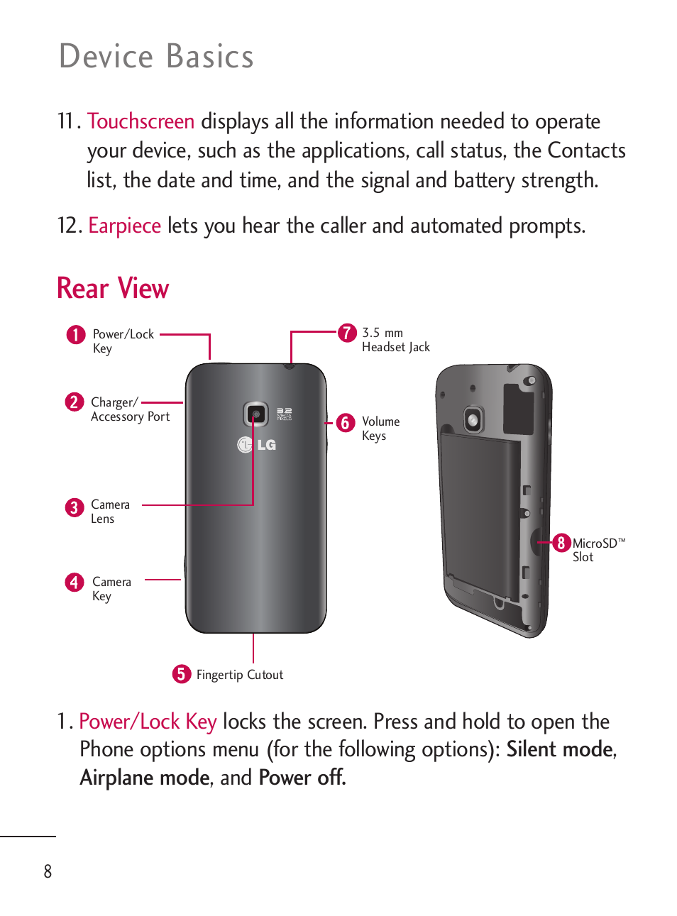 Device basics, Rear view | LG LGL45C User Manual | Page 10 / 546