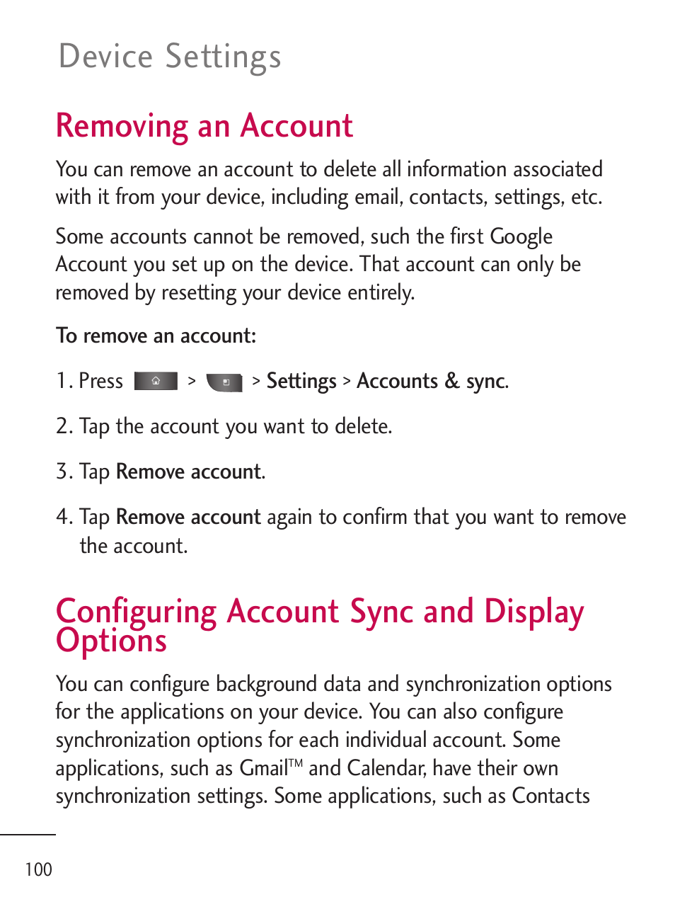 Removing an account, Configuring account sync an, Configuring account sync and display options | Device settings | LG LGL45C User Manual | Page 102 / 546