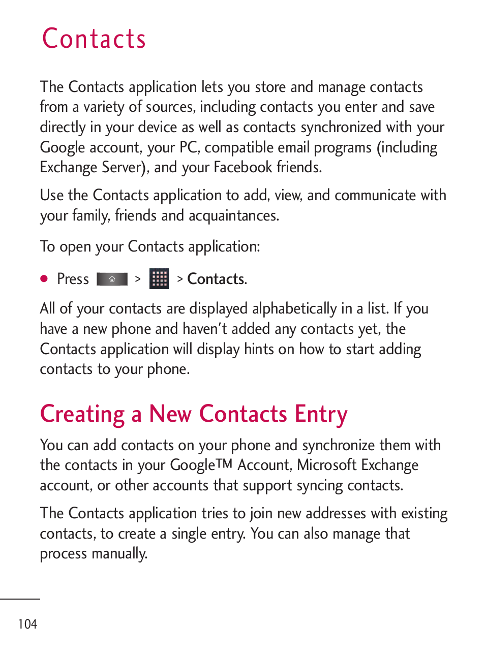 Contacts, Creating a new contacts entry, Creating a new contacts entry | LG LGL45C User Manual | Page 106 / 546