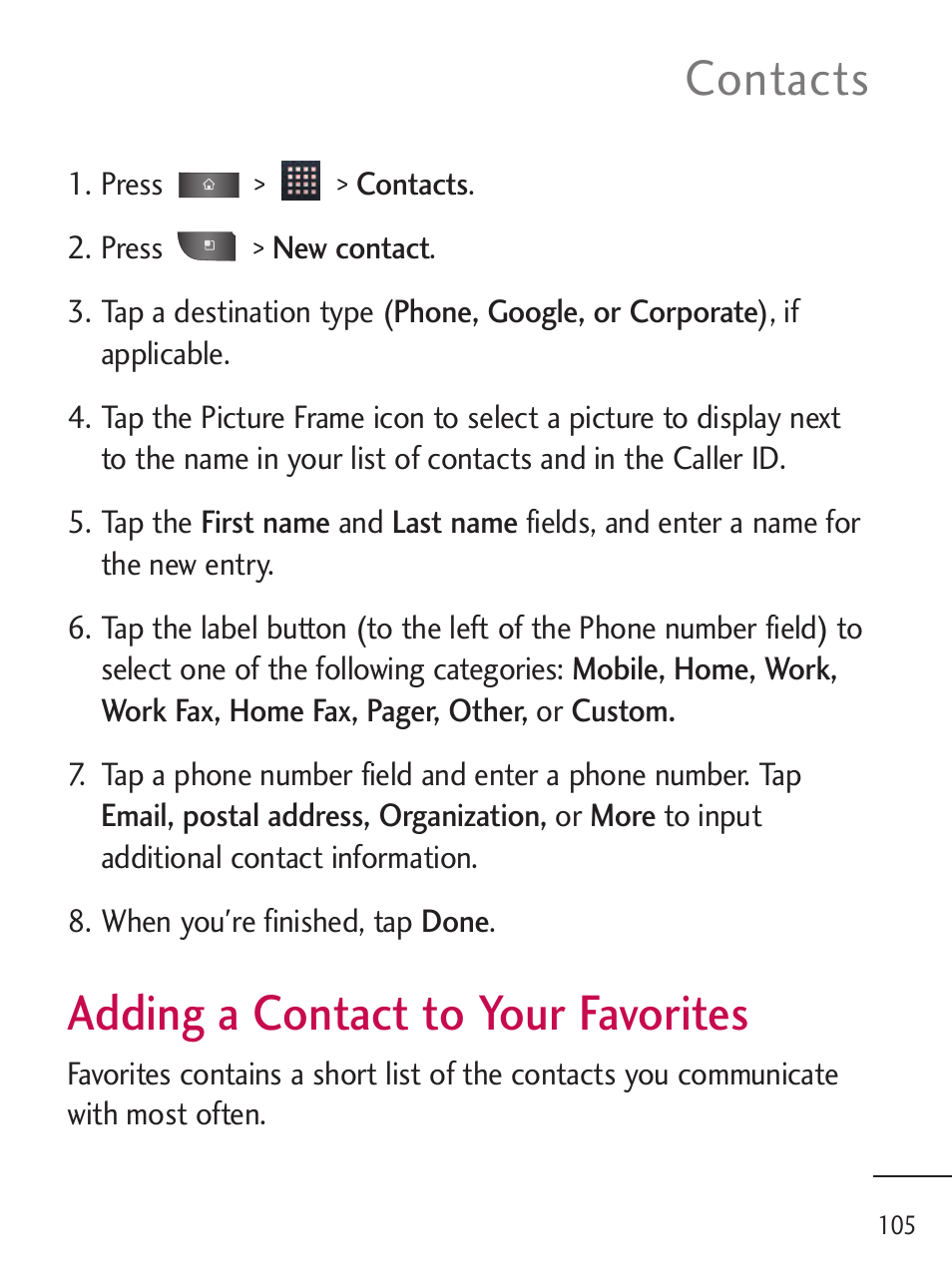 Adding a contact to your fav, Adding a contact to your favorites, Contacts | LG LGL45C User Manual | Page 107 / 546