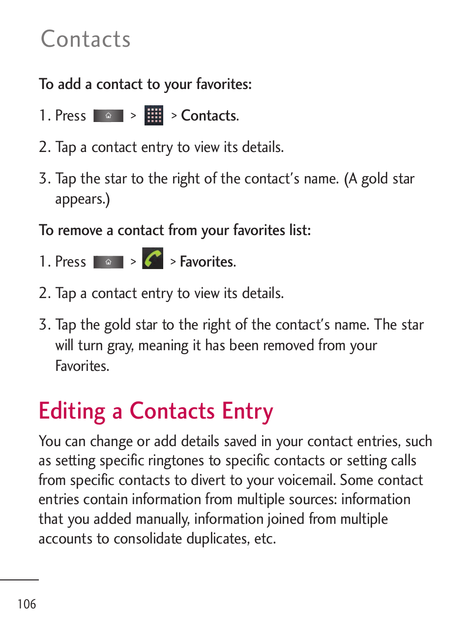 Editing a contacts entry, Editing a contacts entry 106, Contacts | LG LGL45C User Manual | Page 108 / 546