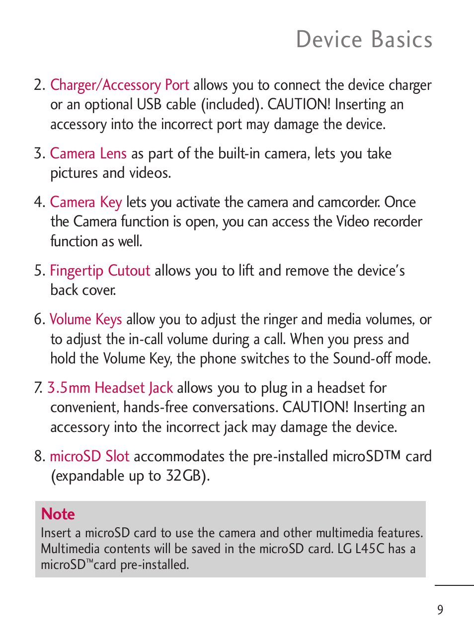 Device basics | LG LGL45C User Manual | Page 11 / 546