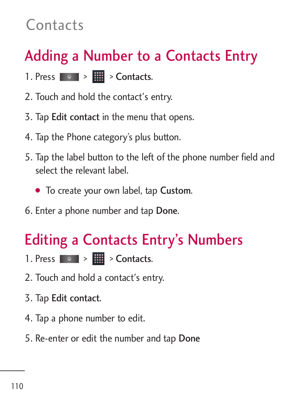 Adding a number to a contact, Editing a contacts entry? n, Adding a number to a contacts entry | Editing a contacts entry’s numbers, Contacts | LG LGL45C User Manual | Page 112 / 546