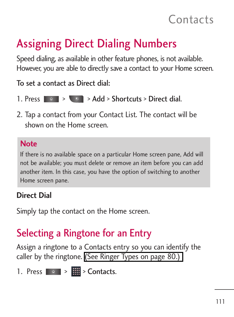 Assigning direct dialing num, Assigning direct dialing numbers, Contacts | Selecting a ringtone for an entry | LG LGL45C User Manual | Page 113 / 546