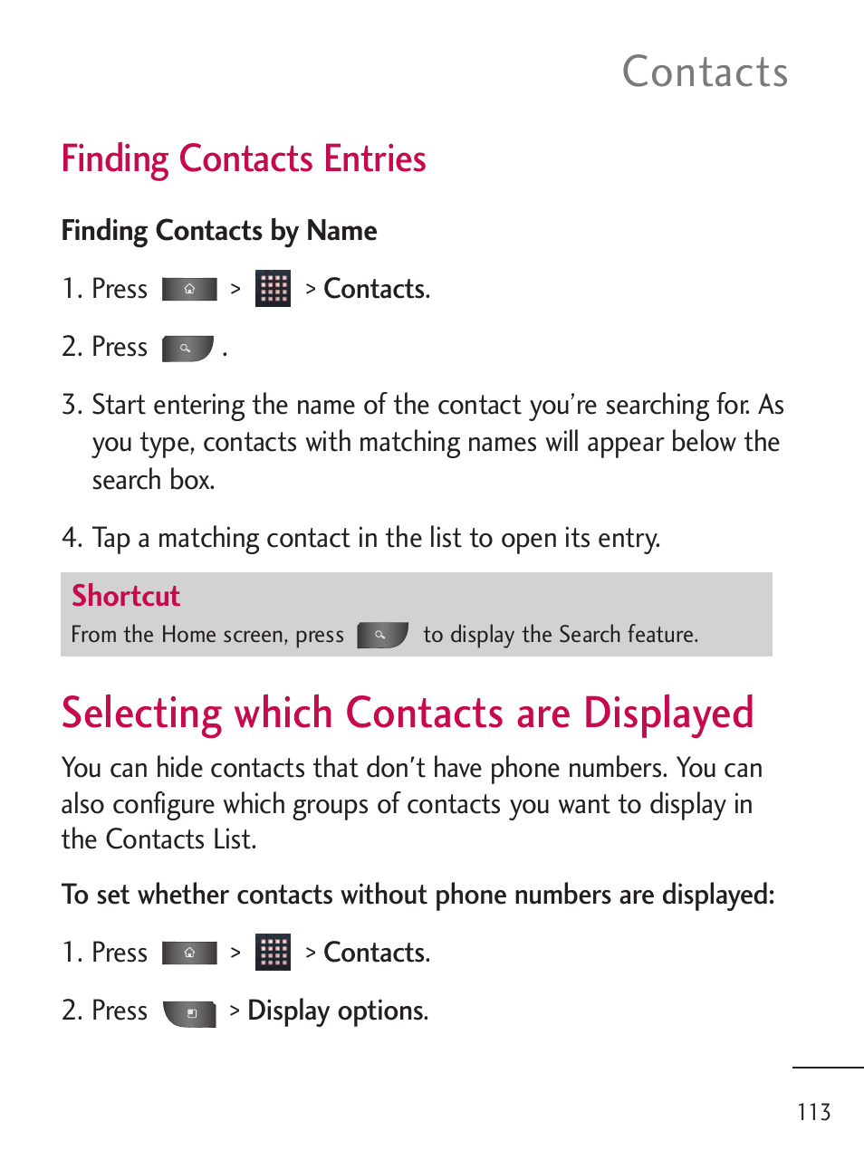 Selecting which contacts ar, Selecting which contacts are displayed, Contacts | Finding contacts entries | LG LGL45C User Manual | Page 115 / 546