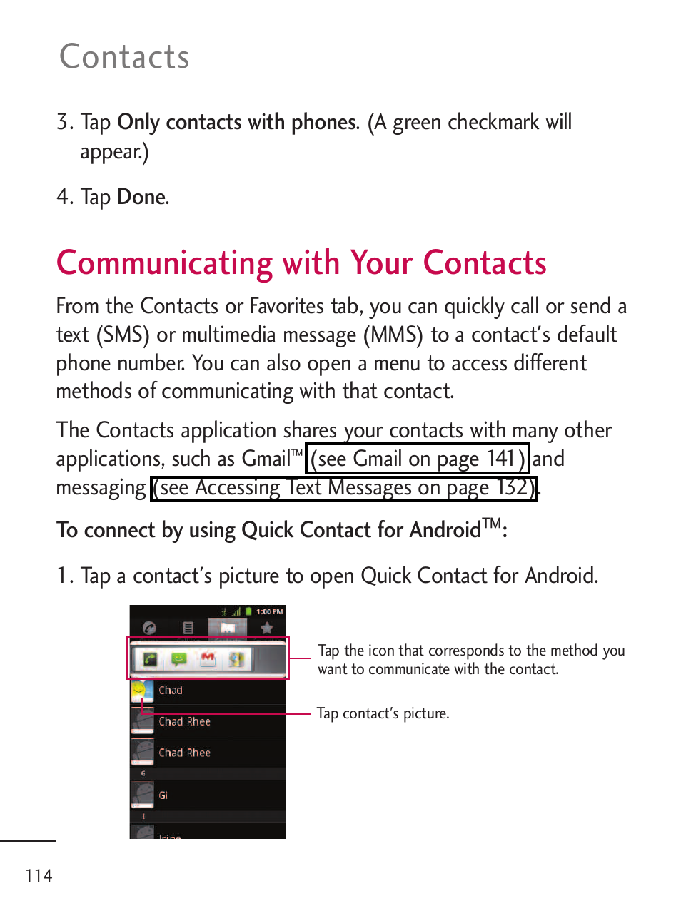 Communicating with your cont, Communicating with your contacts, Contacts | LG LGL45C User Manual | Page 116 / 546