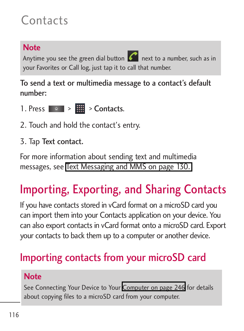 Importing, exporting, and sh, Importing, exporting, and sharing contacts, Contacts | Importing contacts from your microsd card | LG LGL45C User Manual | Page 118 / 546