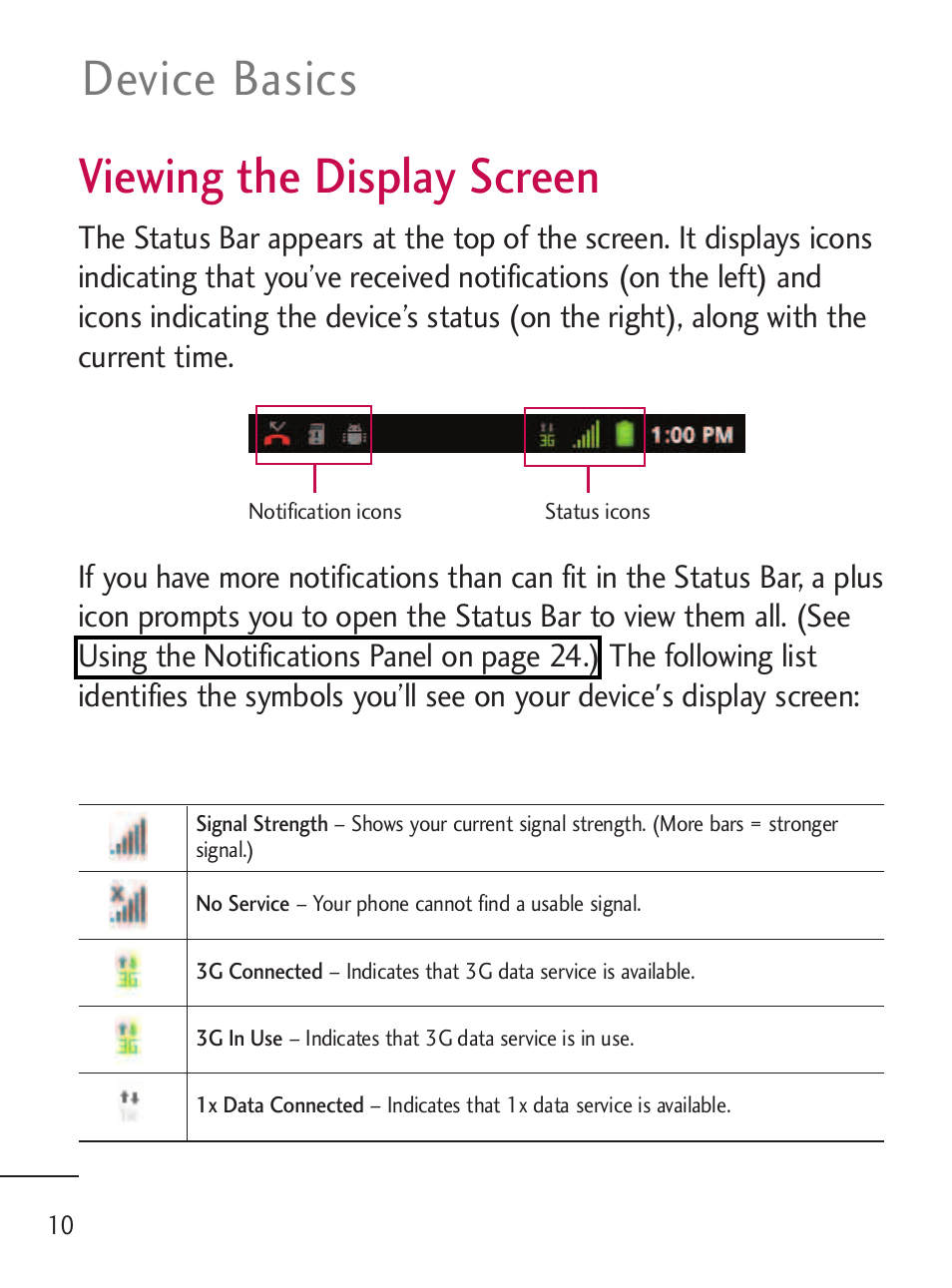 Viewing the display screen, Viewing the display screen, Device basics | LG LGL45C User Manual | Page 12 / 546