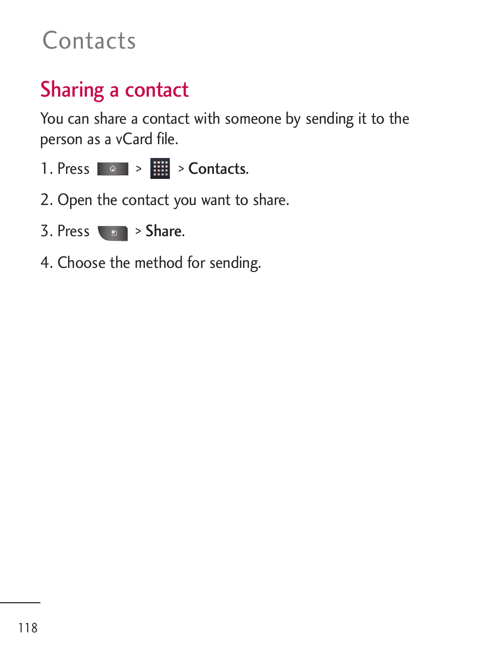 Contacts, Sharing a contact | LG LGL45C User Manual | Page 120 / 546