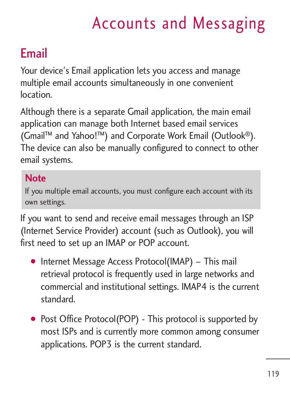 Accounts and messaging, Accounts and messaging, Email | LG LGL45C User Manual | Page 121 / 546