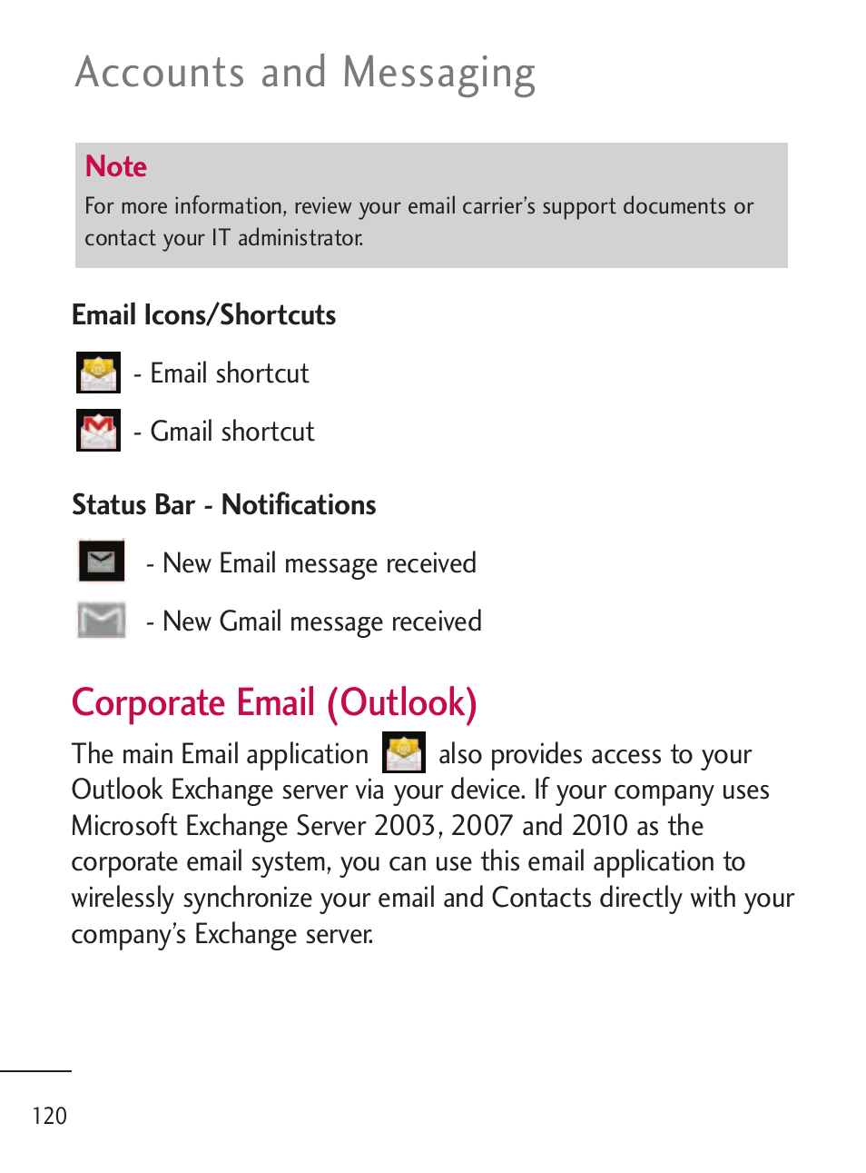 Accounts and messaging, Corporate email (outlook) | LG LGL45C User Manual | Page 122 / 546