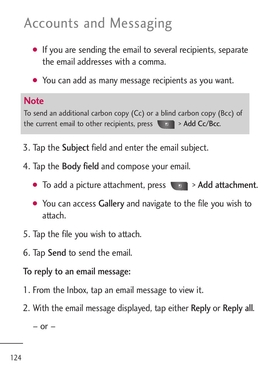 Accounts and messaging | LG LGL45C User Manual | Page 126 / 546