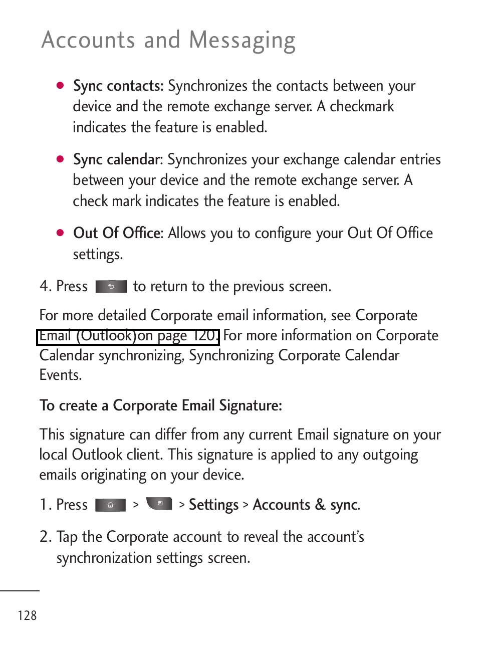 Accounts and messaging | LG LGL45C User Manual | Page 130 / 546