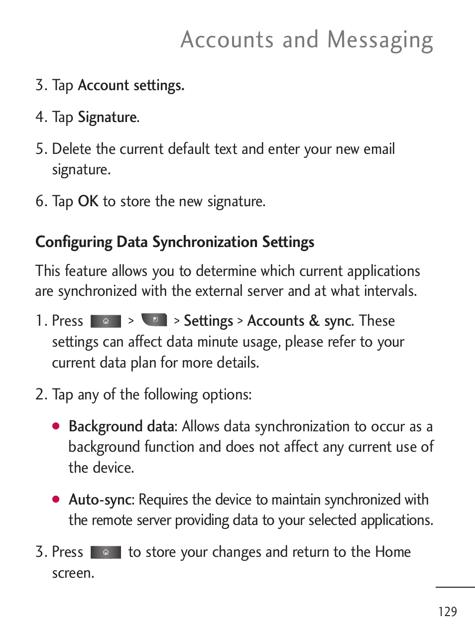 Accounts and messaging | LG LGL45C User Manual | Page 131 / 546