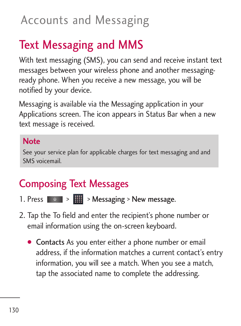 Text messaging and mms, Text messaging and mms, Accounts and messaging | Composing text messages | LG LGL45C User Manual | Page 132 / 546