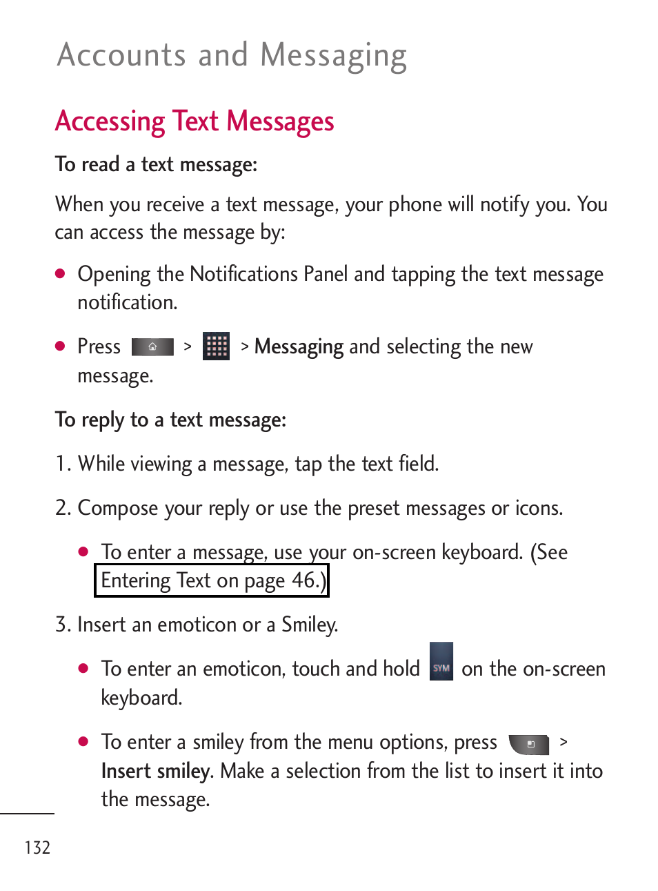 Accounts and messaging, Accessing text messages | LG LGL45C User Manual | Page 134 / 546