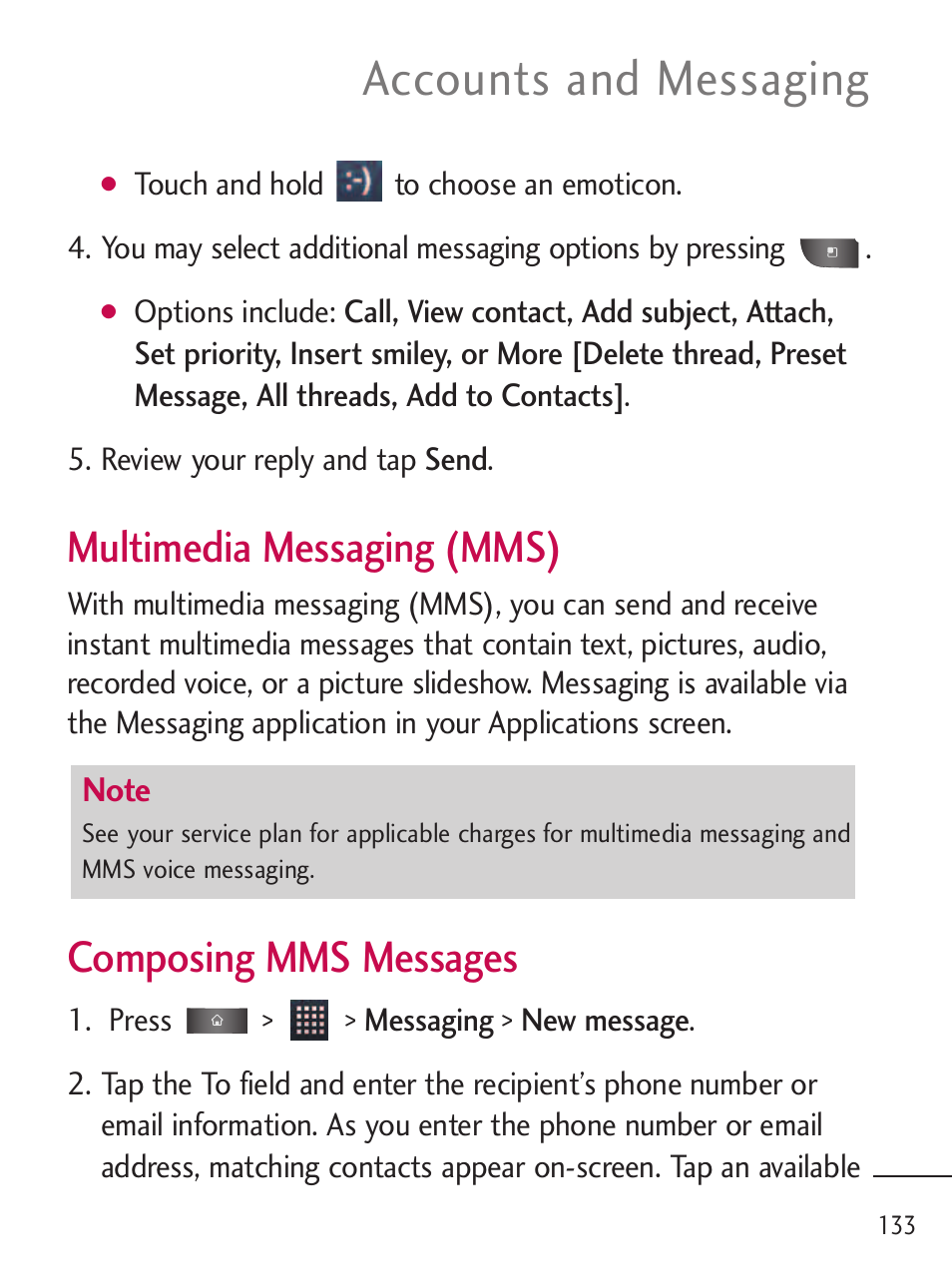 Accounts and messaging, Multimedia messaging (mms), Composing mms messages | LG LGL45C User Manual | Page 135 / 546