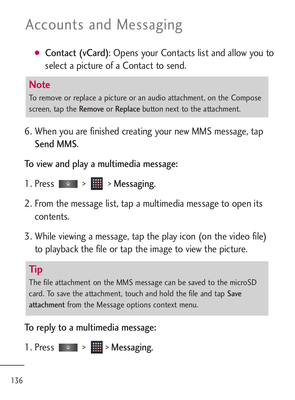 Accounts and messaging | LG LGL45C User Manual | Page 138 / 546