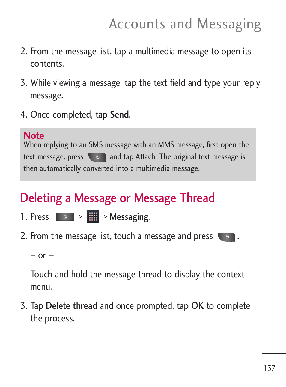 Accounts and messaging, Deleting a message or message thread | LG LGL45C User Manual | Page 139 / 546