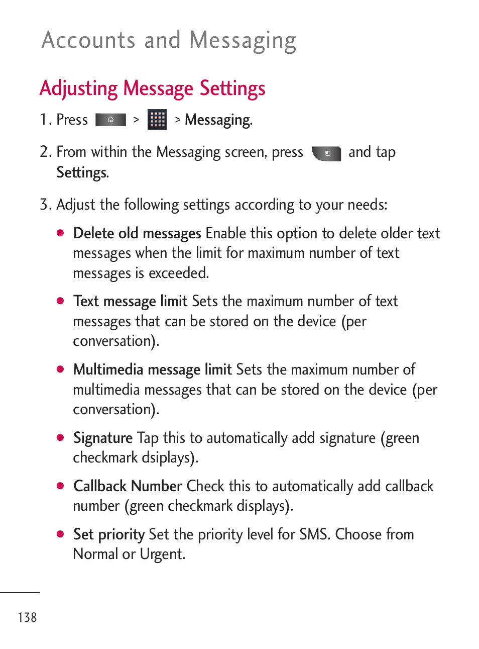 Accounts and messaging, Adjusting message settings | LG LGL45C User Manual | Page 140 / 546