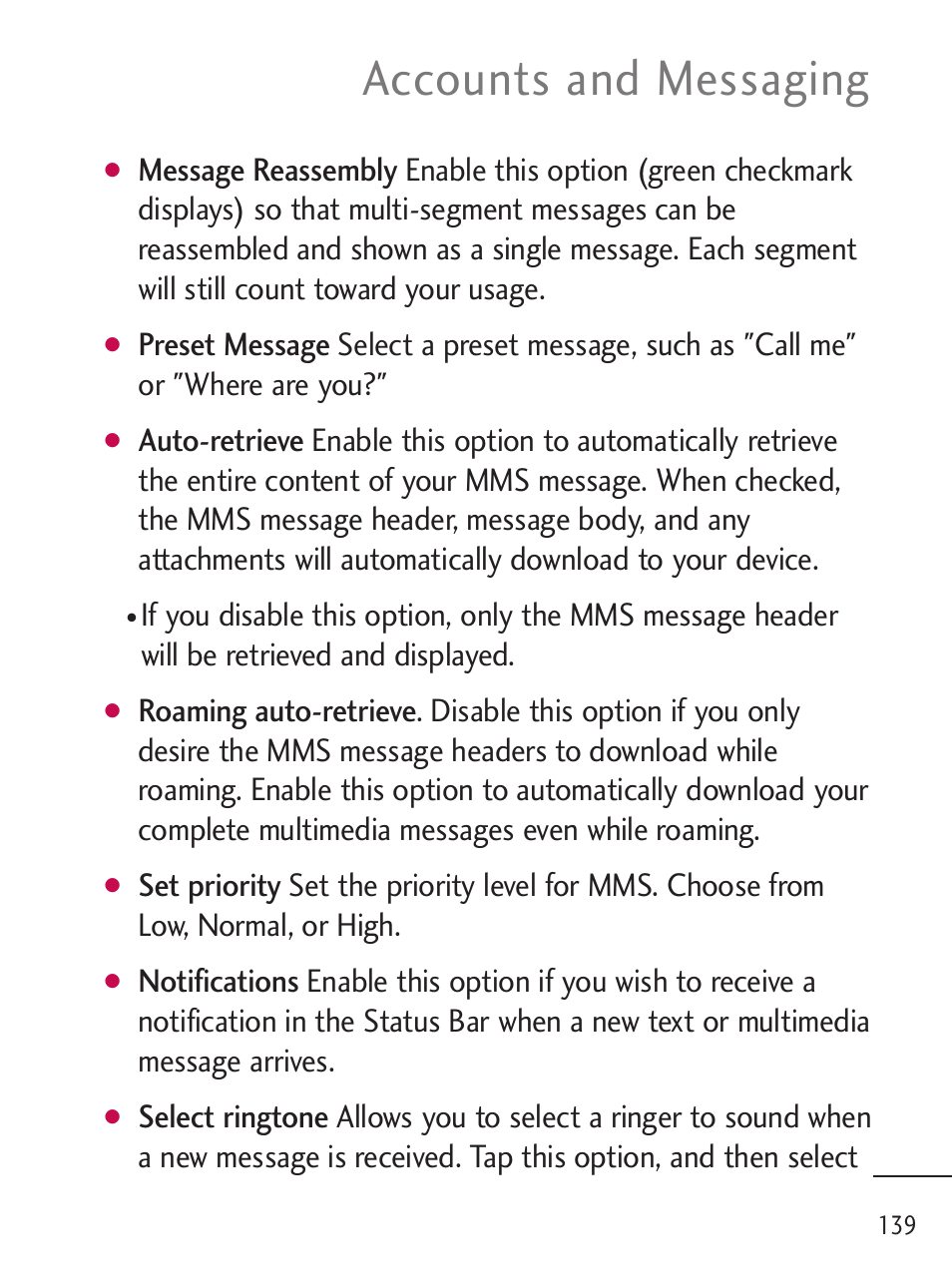 Accounts and messaging | LG LGL45C User Manual | Page 141 / 546