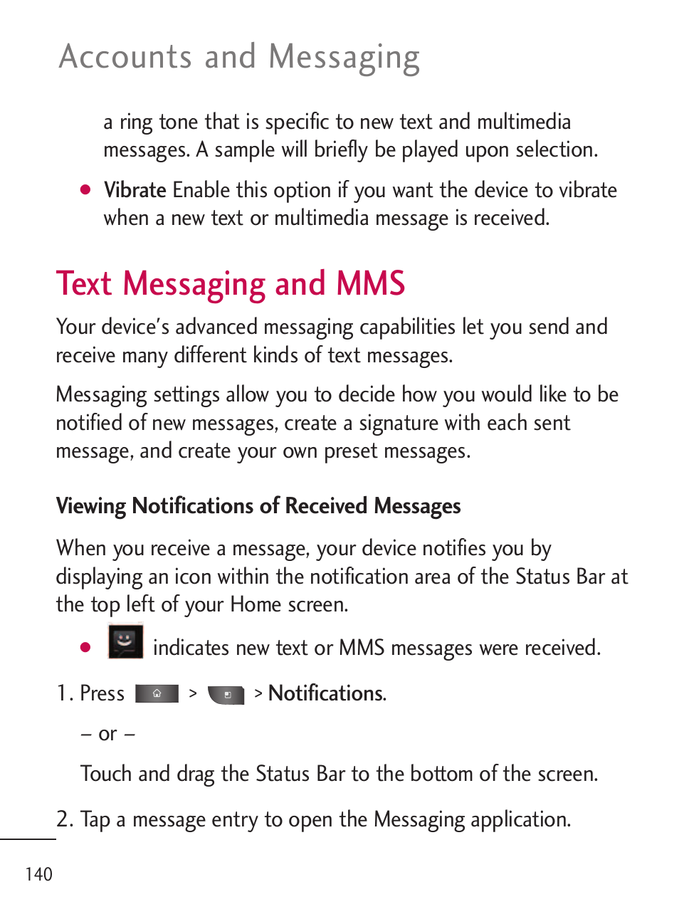 Text messaging and mms, Text messaging and mms, Accounts and messaging | LG LGL45C User Manual | Page 142 / 546