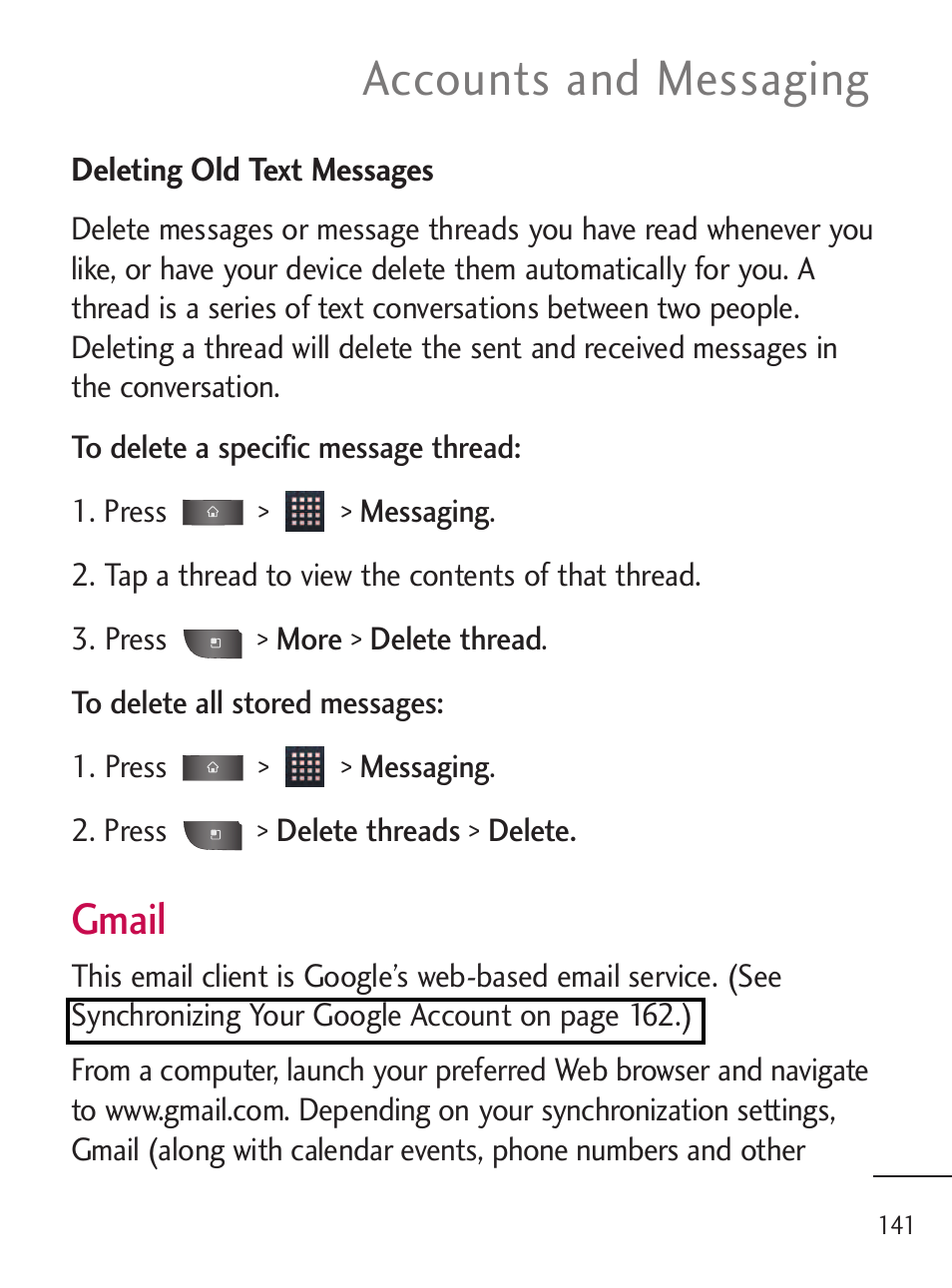 Accounts and messaging, Gmail | LG LGL45C User Manual | Page 143 / 546