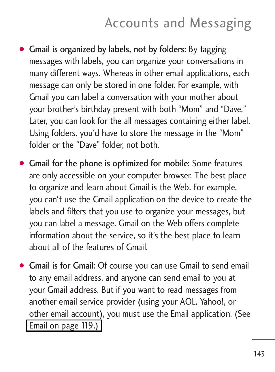 Accounts and messaging | LG LGL45C User Manual | Page 145 / 546